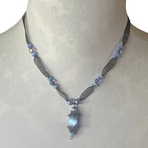 Blue Glass Bead & Ribbon Pendant Necklace